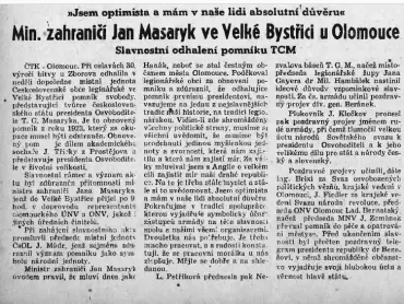 Článek o průběhu slavnosti odhalení pomníku Tomáše Garrigua Masaryka ve Velké Bystřici 25. května 1947 v novinách Stráž lidu z pondělí 26. května 1947.