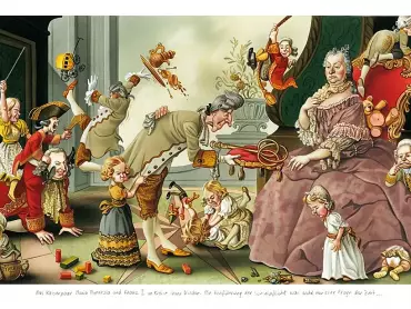 Císařský pár Marie Terezie a František I. v kruhu svých dětí. Zavedení povinné školní docházky nebyla jen otázka doby… Karikatura Bruno Haberzettla (* 1965).