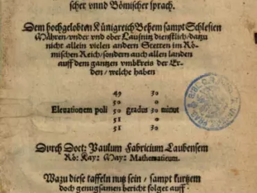 Paul Fabricius: Astronomisch taffeln auff alle tage des Jars in deutscher, Lateinischer und Böhmischer sprach (Astronomické tabulky na všechny dny roku v německé, latinské a české řeči). Vídeň 1562.