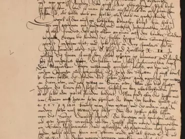 Georg Statuarius, matematik z města Zwickau v Sasku, daruje každému z dvanácti členů olomoucké městské rady sluneční hodiny, jež sám sestrojil a jimiž lze určit čas na kterémkoliv místě v Evropě. 27. června 1564. Státní okresní archiv v Olomouci, Archiv města Olomouce, fond Zlomky registratur 1426–1786 (1890), M-1-1, inv. č. 4455.