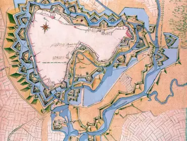 Raportní plán dokončené bastionové pevnosti Olomouc z r. 1757 se zaplavenou inundací. Zawoda – Závodí, osada v olomouckém Výpadu (nyní Bezručovy sady); March Fluß – řeka Morava; Salzer Guth – osada Salzerův statek, též Neue Welt, nynější olomoucké předměstí Nový Svět. Zdroj: https://cs.wikipedia.org/wiki/Pevnost_Olomouc#/media/File:Olomouc_map_1757.jpg.