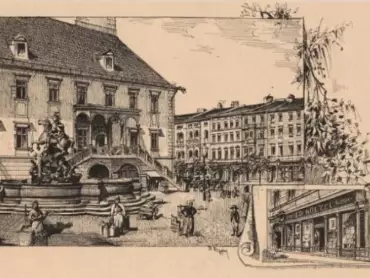 B. Wondra: Olomoucká radnice s Caesarovou kašnou, v pozadí zcela vpravo část Dietrichsteinského paláce, v rámečku pohled na výkladní skříně knihkupectví a nakladatelství Eduarda Hölzela v přízemí tohoto paláce. Kresba z roku 1894. Státní okresní archiv v Olomouci, Archiv města Olomouce, fond M 8-34, Sbírka obrazového materiálu a fotografií Olomouci, inv. č. 239.