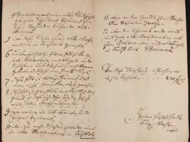 Johann Christoph Handke (1694–1774): Popis malířské výzdoby olomouckého orloje, 1746. Archiv města Olomouce, M 1-1, Zlomky registratur 1426–1786 (1890), inv. č. 4898.