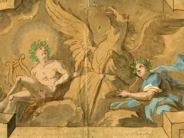 Johann Christoph Handke: Návrhy freskové výmalby klenby a bočních stěn výklenku pro orloj, Apollón, Múza a okřídlený kůň – Pegas. Kolorovaná perokresba, 1746. Státní okresní archiv v Olomouci, Archiv města Olomouce, fond M-34, Sbírka obrazového materiálu a fotografií Olomouc, inv. č. 3150.