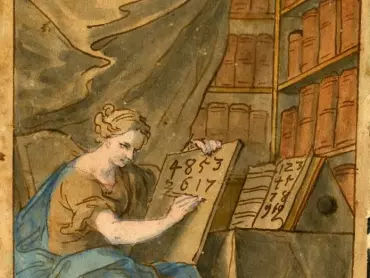 Johann Christoph Handke: Návrh freskové výmalby klenby a bočních stěn výklenku pro orloj, Aritmetika. Latinské výrazy na lemu šatů postavy „Par et impar“ znamenají „Sudý a lichý“. Kolorovaná perokresba, 1746. Státní okresní archiv v Olomouci, Archiv města Olomouce, fond M-34, Sbírka obrazového materiálu a fotografií Olomouc, inv. č. 3150.