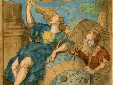 Johann Christoph Handke: Návrh freskové výmalby klenby a bočních stěn výklenku pro orloj, Astronomie. Kolorovaná perokresba, 1746. Státní okresní archiv v Olomouci, Archiv města Olomouce, fond M-34, Sbírka obrazového materiálu a fotografií Olomouc, inv. č. 3150.