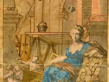 Johann Christoph Handke: Návrh freskové výmalby klenby a bočních stěn výklenku pro orloj, Mechanika. Kolorovaná perokresba, 1746. Státní okresní archiv v Olomouci, Archiv města Olomouce, fond M-34, Sbírka obrazového materiálu a fotografií Olomouc, inv. č. 3150.