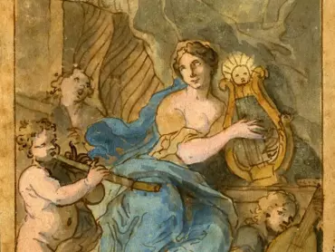 Johann Christoph Handke: Návrh freskové výmalby klenby a bočních stěn výklenku pro orloj, Muzika. Kolorovaná perokresba, 1746. Státní okresní archiv v Olomouci, Archiv města Olomouce, fond M-34, Sbírka obrazového materiálu a fotografií Olomouc, inv. č. 3150.