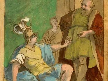 Johann Christoph Handke: Návrh freskové výmalby klenby a bočních stěn výklenku pro orloj, Dialektika. U nohou alegorické ženské postavy diskutující s filozofem a jeho žákem leží spisy starověkých filozofů Aristotela ze Stageiry (384 př. n. l. – 322 př. n. l.), Zénóna z Eleje (asi 490 př. n. l. – asi 430 př. n. l.) a Lúkiana ze Samosaty (kolem 120 – po 180). Kolorovaná perokresba, 1746. Státní okresní archiv v Olomouci, Archiv města Olomouce, fond M-34, Sbírka obrazového materiálu a fotografií Olomouc, inv. č. 3150.