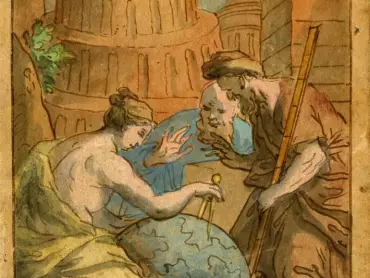 Johann Christoph Handke: Návrh freskové výmalby klenby a bočních stěn výklenku pro orloj, Geometrie. Za alegorickou ženskou postavou je zobrazena Babylonská věž. Kolorovaná perokresba, 1746. Státní okresní archiv v Olomouci, Archiv města Olomouce, fond M-34, Sbírka obrazového materiálu a fotografií Olomouc, inv. č. 3150.