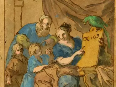 Johann Christoph Handke: Návrh freskové výmalby klenby a bočních stěn výklenku pro orloj, Gramatika. Na tabuli, kterou drží alegorická postava vyučující děti, je napsáno první a poslední písmeno řecké abecedy – alfa a omega, papoušek sedící na tabuli je patrně symbolem „papouškování“, tj. mechanického memorování. Kolorovaná perokresba, 1746. Státní okresní archiv v Olomouci, Archiv města Olomouce, fond M-34, Sbírka obrazového materiálu a fotografií Olomouc, inv. č. 3150.