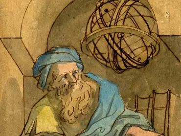 Johann Christoph Handke: Návrh freskové výmalby klenby a bočních stěn výklenku pro orloj, antický filozof. Kolorovaná perokresba, 1746. Státní okresní archiv v Olomouci, Archiv města Olomouce, fond M-34, Sbírka obrazového materiálu a fotografií Olomouc, inv. č. 3150.