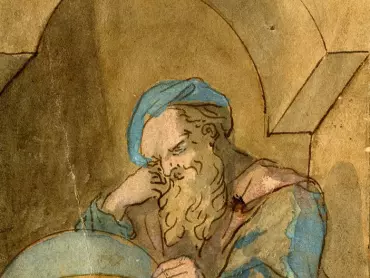 Johann Christoph Handke: Návrh freskové výmalby klenby a bočních stěn výklenku pro orloj, antický filozof. Kolorovaná perokresba, 1746. Státní okresní archiv v Olomouci, Archiv města Olomouce, fond M-34, Sbírka obrazového materiálu a fotografií Olomouc, inv. č. 3150.