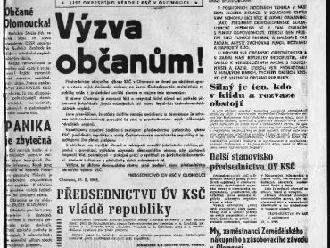 Zvláštní vydání Stráže lidu ze dne 21. srpna 1968, 1. a 2. strana. Vědecká knihovna v Olomouci, sign. III 91420.