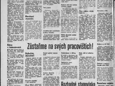 Zvláštní vydání Stráže lidu ze dne 21. srpna 1968, 1. a 2. strana. Vědecká knihovna v Olomouci, sign. III 91420.