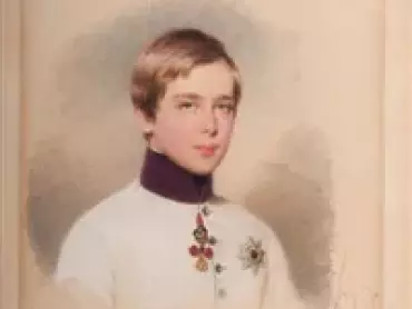 Moritz Michael Daffinger (1790–1849). Arcivévoda František Josef (1820–1916), dekorovaný Řádem zlatého rouna a hvězdou pruského Řádu černé orlice. Kresba tužkou kombinovaná s kvašem, s arcivévodovým podpisem a datem 3. března 1845.