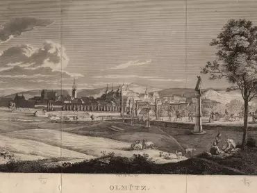 Olomouc – celkový pohled od západu z Tabulového vrchu. Rytina Jacoba Hyrtla (1799–1768), Vídeň 1843. Státní okresní archiv v Olomouci, Sbírka obrazového materiálu a fotografií Olomouc, inv. č. 900.