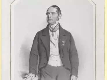 Hejtman Olomouckého kraje Franz hrabě Mercandin (1802–1871), dekorovaný Řádem železné koruny 2. třídy (komandérským) a dalším, neidentifikovatelným vyznamenáním. Litografie Josefa Kriehubera z roku 1854.