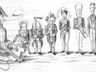 Schvarzenbergova vláda – zleva doprava ministerský předseda Schwarzenberg, ministři Krauß, Thinnfeld, Bach, Bruck, Stadion a Cordon. Karikatura nakreslená Soběslavem Pinkasem. Šotek, příloha Národních novin (redigovaných Karlem Havlíčkem Borovským), ročník 1849, č. 1, 7. ledna 1849, s. 3.