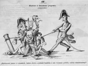 Ilustrace k liberálnímu programu. (Pokračování.) Zleva doprava: ministři Cordon, Stadion, Bruck, ministerský předseda Schwarzenberg, ministři Bach, Thinnfeld a Krauß. Karikatura nakreslená Soběslavem Pinkasem. Šotek, příloha Národních novin (redigovaných Karlem Havlíčkem Borovským), ročník 1849, č. 3, 20. ledna 1849, s. 11.