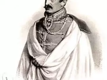 Polní zbrojmistr Josip hrabě Jellacić Bužimski (1801–1859), chorvatský bán (správce území, místodržící), dekorovaný komandérským křížem Vojenského řádu Marie Terezie. Litografie Josefa Kriehubera z roku 1848.