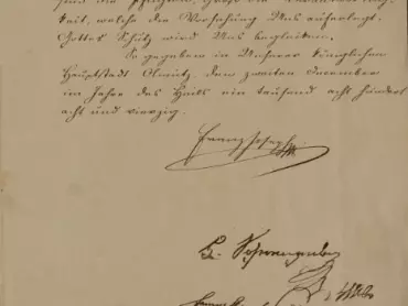 Poslední strana nástupního manifestu císaře Františka Josefa I. s podpisy panovníka a členů vládního kabinetu. Österreichischer Staatsarchiv, převzato z www: http://franzjoseph.staatsarchiv.at/1848-revolution-und-konterrevolution/.