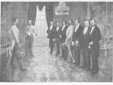 Felix kníže ze Schwarzenberga představuje císaři Františku Josefu I. členy vládního kabinetu. Zleva doprava: 1. císař František Josef I., 2. předseda vlády polní maršálek Felix kníže zu Schwarzenberg, 3. ministr vnitra Franz hrabě Stadion, 4. ministr financí Philipp svobodný pán von Krauß, 5. ministr spravedlnosti Dr. Alexander Bach, 6. ministr války generálmajor František svobodný pán von Cordon; 7. ministr obchodu Karl rytíř von Bruck; 8. ministr orby Ferdinand šlechtic von Thinnfeld; 9. státní podsekretář pro vyučování Dr. Josef Alexander Helfert. Ilustrace z knihy Viribus unitis – Das Buch vom Kaiser (Spojenými silami – Kniha o císaři), Budapest – Wien – Leipzig 1898, s. XXIV.