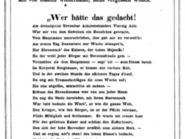 Veršování divadelního ředitele Karla Burghausera v anonymně vydané knize polního podmaršálka Friedricha von Sunstenau Olmütz im Jahre 1848, Olmütz 1856, první část.