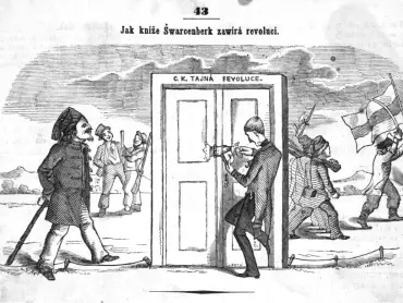 Jak kníže Švarcenberk zavírá revoluci. Karikatura nakreslená Soběslavem Pinkasem. Šotek, příloha Národních novin (redigovaných Karlem Havlíčkem Borovským), ročník 1849, č. 11, 1. dubna 1849, s. 43.