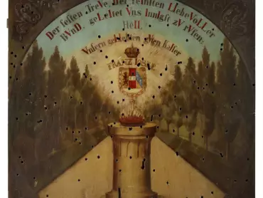 Hold císaři Františku Josefovi I. 1849. Olej na dřevě, 129 ×125 cm, nesignováno. V ose topolové aleje se nachází tamburový podstavec s pánví, na níž je množství hořících srdcí, výše je umístěn štítek císařského znaku s korunou a Řádem zlatého rouna. Souběžně s částí obvodu kruhového pole obrazu běží text s chronogramem, v českém překladu: „Pevné věrnosti nejčistší láskyplný svazek nás vede nejniterněji k provolání: Sláva našemu milovanému dobrému císaři Františku Josefovi!.“ Vlastivědné muzeum v Olomouci, inv. č. O-2387. Foto Pavel Rozsíval.