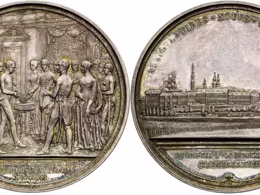 Averz a reverz stříbrné medaile k předání vlády Františku Josefovi I. v Olomouci dne 2. prosince 1848, podle návrhu Konráda Langeho, Vídeň 1853. Medaile byla ražena rovněž ve zlatě. Vlastivědné muzeum v Olomouci.