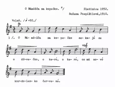Sběratelský zápis hanácké písně O Náměšča na kopečko. Jan Poláček: Lidové písně z Hané. I. Prostějovsko. Brno 1966, s. 521.