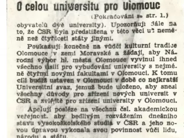 Provolání O celou univerzitu pro Olomouc. Stráž lidu ze dne 15. srpna 1946. Vědecká knihovna v Olomouci.