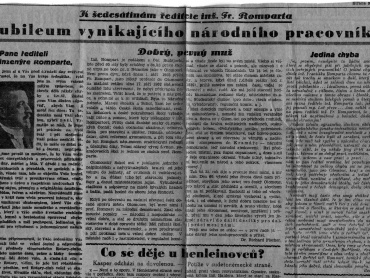 Články v Olomouckém obzoru k šedesátinám prof. Ing. Františka Romporta v listopadu 1937.