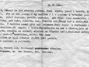Dopis Ing. Františka Romparta z vězení adresovaný jeho rodině a datovaný 29. listopadu 1941. Rodinný archiv Evy Poláčkové.