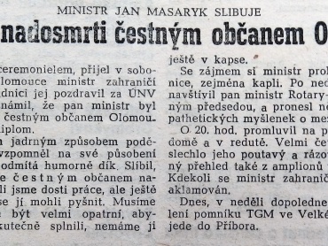 Článek v novinách Osvobozený našinec z 25. května 1947 o průběhu pobytu ministra zahraničních věcí ČSR v Olomouci 24. května 1947. Vědecká knihovna v Olomouci.