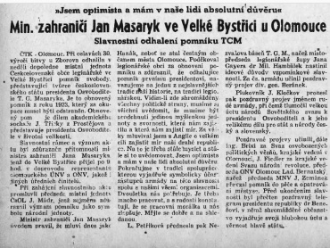 Článek o průběhu slavnosti odhalení pomníku Tomáše Garrigua Masaryka ve Velké Bystřici 25. května 1947 v novinách Stráž lidu z pondělí 26. května 1947. 