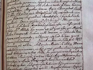 Pasáž z relace návštěvě Marie Terezie a Františka I. Lotrinského v premonstrátském konventu na Hradisku u Olomouce se zprávou o představení hanácké zpěvohry, Vědecká knihovna v Olomouci, sign. M II 257, přív. 30