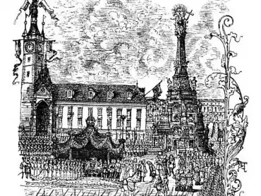 Slavnost svěcení čestného a morového sloupu Nejsvětější Trojice v Olomouci. Ilustrace José Hilbera v publikaci Willibalda Müllera Sagen und Geschichte der Stadt Olmütz, Olmütz 1892, s. 88.