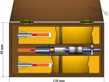 Schéma výbušného zařízení, pohled shora. Zdroj: Karel Ludvík: Krabičkový atentát na tři nekomunistické ministry první poválečné vlády, www.pyro-csol.cz/files/pribehy/krabickovy_atentat.pdf.