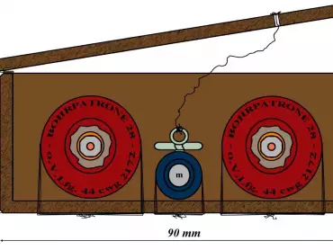 Schéma výbušného zařízení, bokorys. Zdroj: Karel Ludvík: Krabičkový atentát na tři nekomunistické ministry první poválečné vlády, www.pyro-csol.cz/files/pribehy/krabickovy_atentat.pdf.