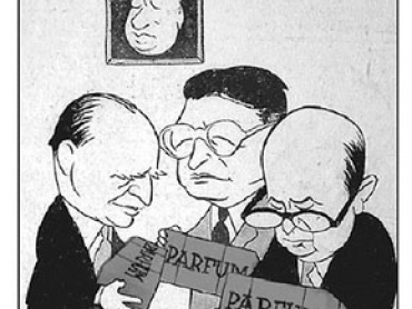 Ministři Zenkl, Drtina a Masaryk s balíčky obsahujícími „parfémy“, nad nimi ministr vnitra Nosek se svatozáří. Karikatura ve Svobodném slově z 15. února 1948.