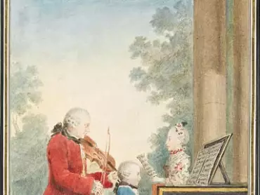 Leopold Mozart s Wolfgangem a Nannerl v Paříži. Akvarel Louise Carrogise Carmontelleho (1717–1806) z let 1763–1764. Musée Condé, Chantilly.