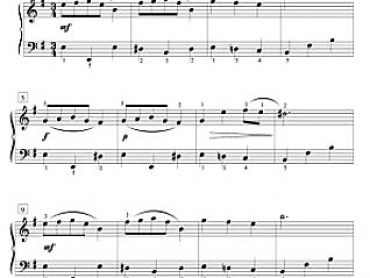 První strana partitury menuetu e-moll Leopolda Mozarta, BCCM Horizons, The New Conservatory Series, Grade 3, Repertoire for Piano, Vancouver 2010.