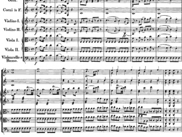 První strana tištěné partitury 6. symfonie F-dur W. A. Mozarta, zdroj: http://imslp.org/wiki/Symphony_No.6_in_F_major,_K.43_(Mozart,_Wolfgang_Amadeus). Mozartovo dílo, zkatalogizované Ludwigem rytířem von Köchel (1800–1877), zahrnuje 54 symfonií, 24 oper a jiných jevištních děl, početné serenády, divertimenta, kasace, klavírní a houslové koncerty a koncerty pro dechové nástroje, četné skladby duchovní, v tom 18 mší a slavné Rekviem z roku 1791. Mozartova 6. symfonie F-dur je v tomto katalogu evidována pod číslem KV-43, opera Apollo a Hyacinthus pod číslem KV-38. 
