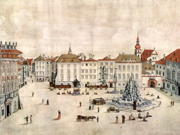 Josef Maserle: Horní trh (nyní Zelné náměstí) v Brně, kresba z roku 1768. Budova obecního domu – taverny se nachází na kresbě vpravo.