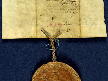 Státní okresní archiv v Olomouci, Archiv města Olomouce, fond M-1-1, Listiny, inv. č. 7, pergamen,  24 × 15 cm, plika o šířce 2,5 cm, majestátní mincovní pečeť, přivěšená na červeno-modré hedvábné šňůře, je uložena v dřevěném pouzdře.
