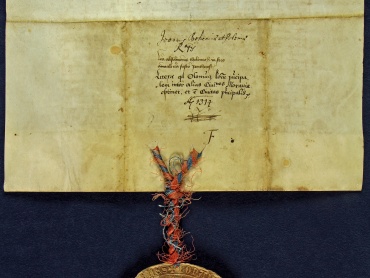 Státní okresní archiv v Olomouci, Archiv města Olomouce, fond M-1-1, Listiny, inv. č. 8, pergamen 30 × 24 cm, plika o šířce 5 cm, rytířská pečeť, přivěšená na červeno-modré hedvábné šňůře, je v dřevěném pouzdře.
