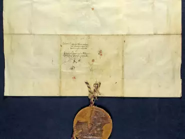 Státní okresní archiv v Olomouci, Archiv města Olomouce, fond M-1-1, Listiny, inv. č. 14, pergamen, 52,5 × 30,5 cm, plika o šířce 4 cm, poškozená majestátní mincovní pečeť je přivěšena na červeno-žluté hedvábné šňůře.