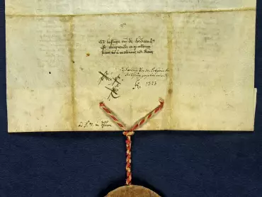 Státní okresní archiv v Olomouci, Archiv města Olomouce, fond M-1-1, Listiny, inv. č. 13, pergamen, 27,5 × 21 cm, plika o šířce 5 cm, poškozená kontrasigillovaná pečeť, tj. na dorsu (rubu) s přitištěnou jinou pečetí – 6. typem sekretu (osobní pečeti) Jana Lucemburského jako českého krále a lucemburského hraběte – je přivěšena na červeno-žluté šňůře z hedvábných nití.